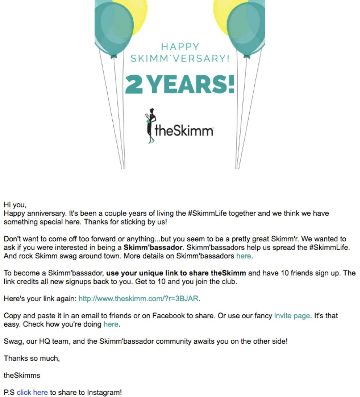 the screenshot of an email by theSkimm celebrating their customer's second anniversary with balloons and a woman illustrations