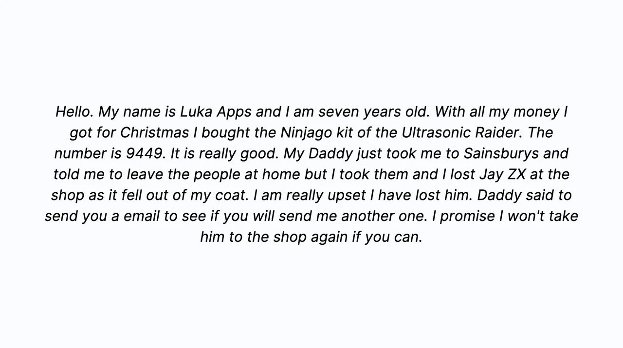 the screenshot of the email that Lego received from a boy named Luka