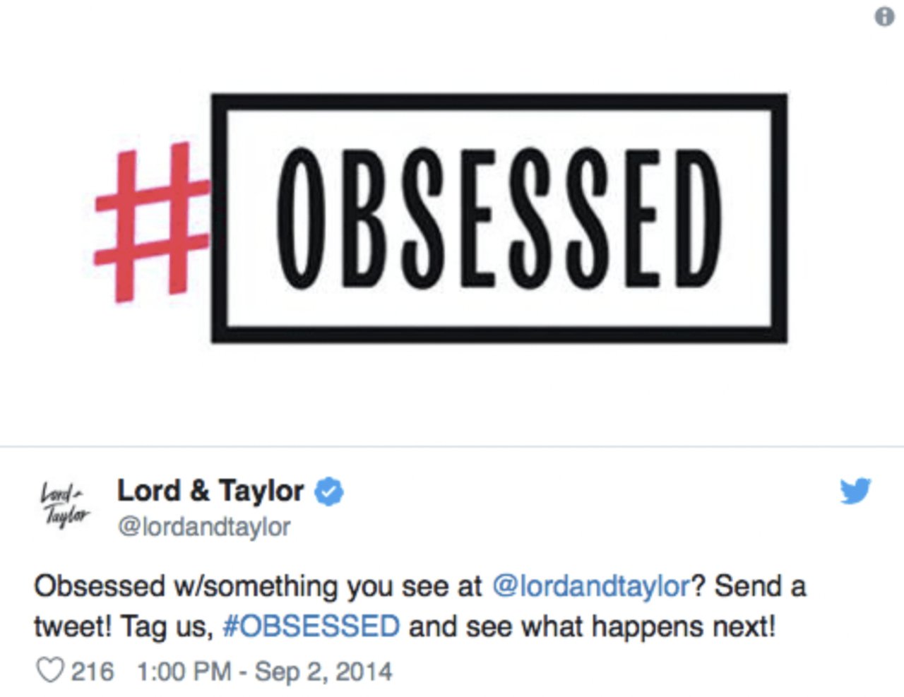 the screenshot of a tweet by lord and taylor asking followers to share product images with the image of #obsessed above