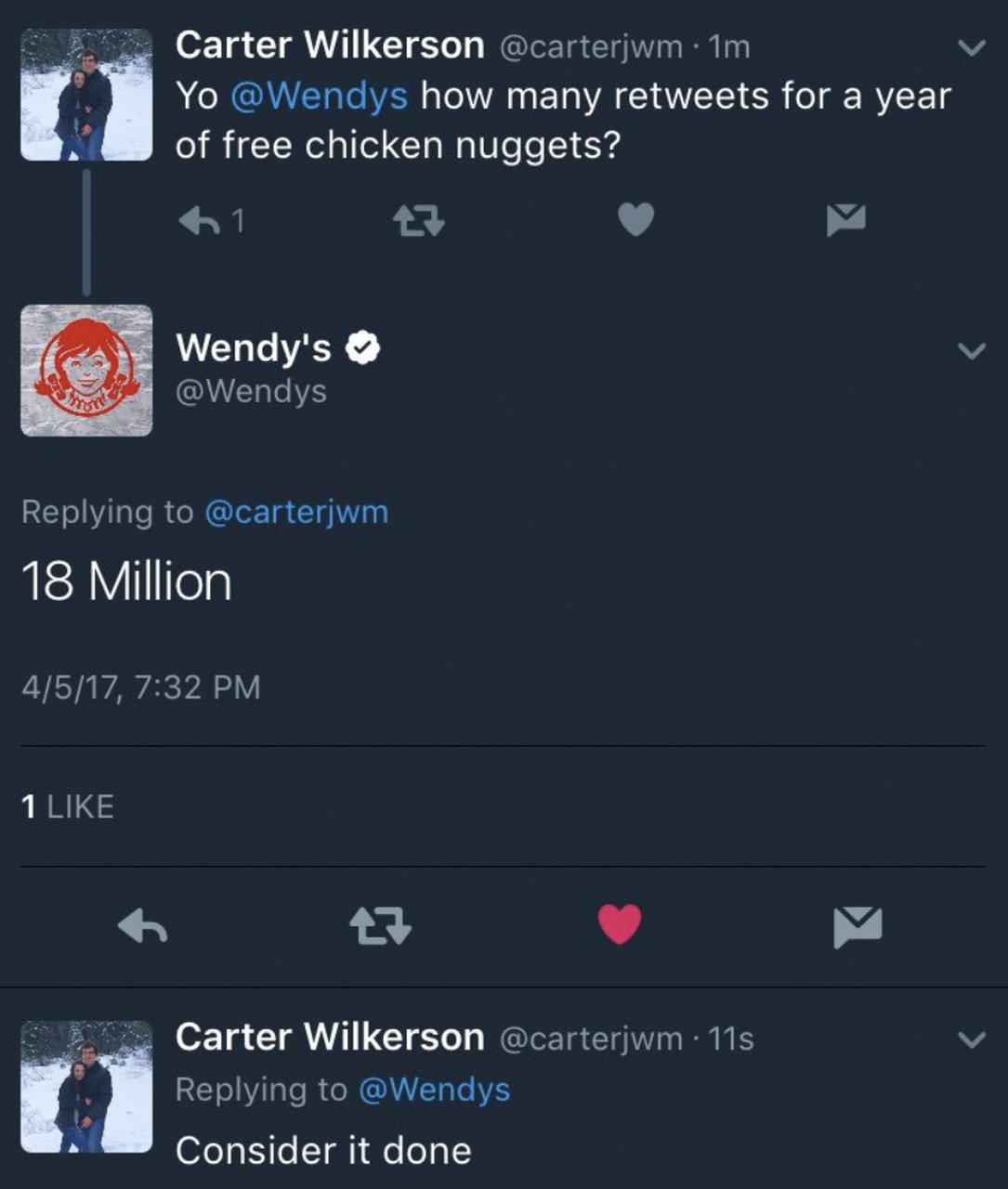 the screenshot of a tweet by Carter Wilkerson asking Wendy's for free nuggets including Wendy's answer and like, reply, retweet buttons