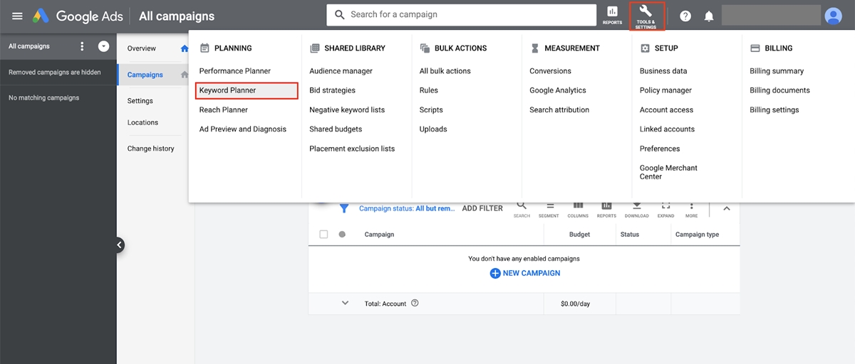 pasul 6: Accesați Planificatorul de cuvinte cheie Google