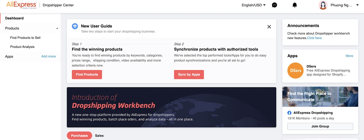 dashboard sul sito web dropshipping su AliExpess