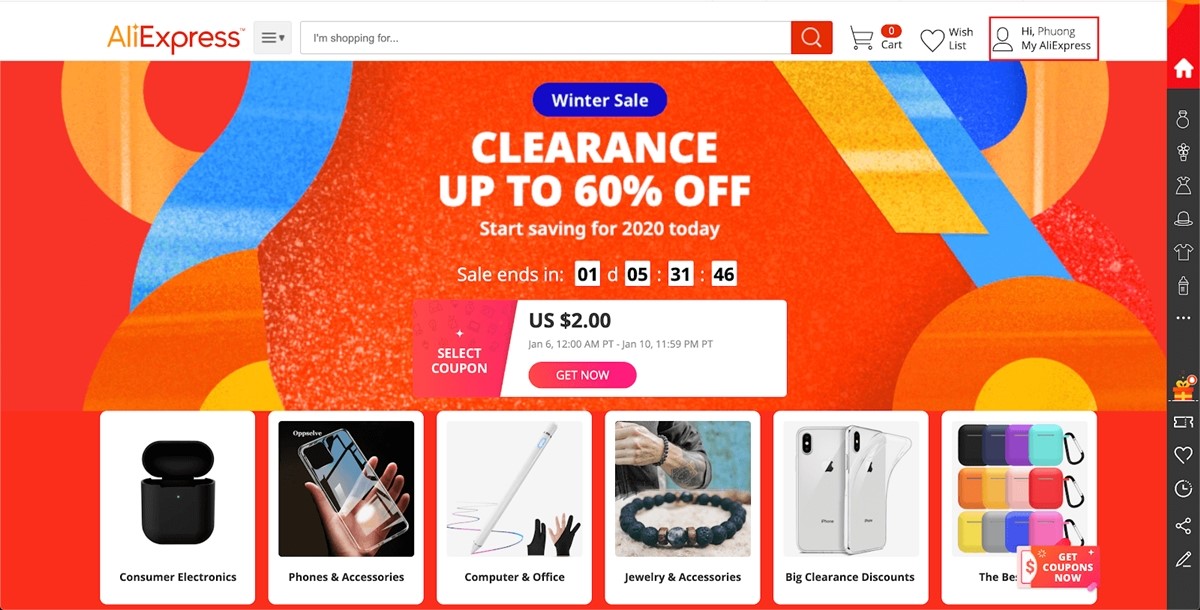 tampilan dan tombol akun di dropshipping situs web pusat