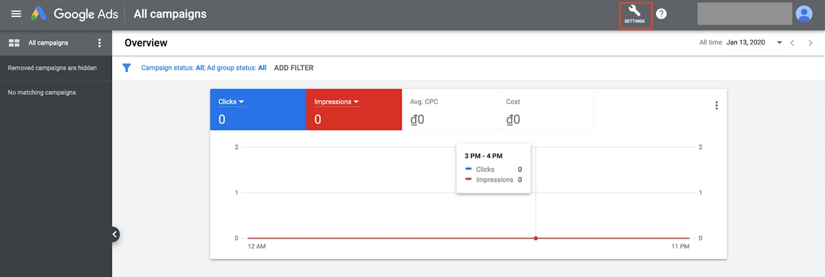 คลิกที่การตั้งค่าบนเครื่องมือวางแผนคำหลักของ Google