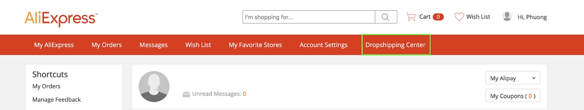 нажмите центр дропшиппинга на веб-сайте меню AliExpress