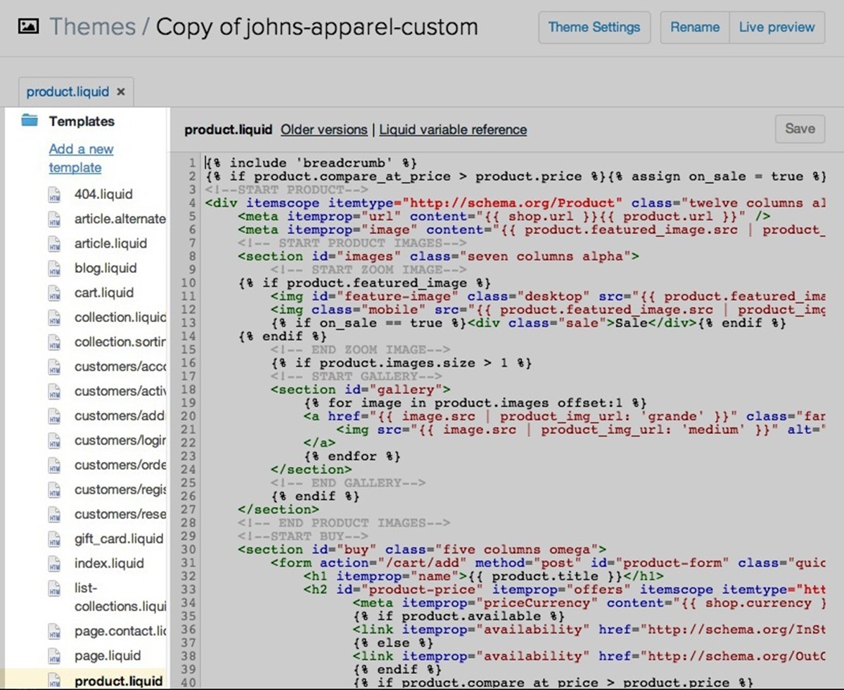 contras lenguaje de codificación de Shopify