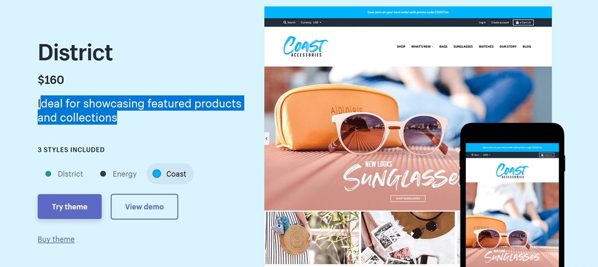 tampilkan tema distrik di shopify yang responsif seluler