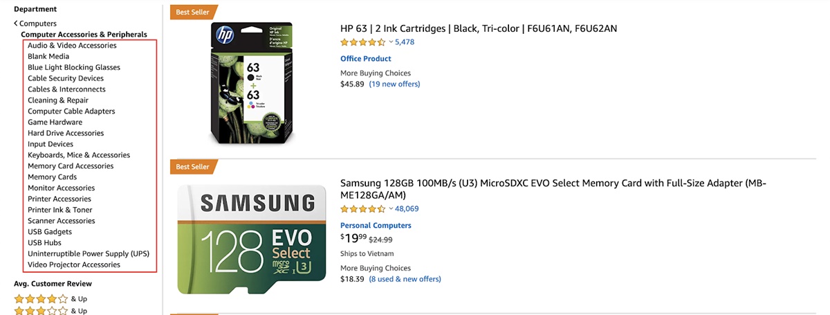 ตัวอย่างหมวดหมู่ย่อยของคอมพิวเตอร์ใน amazon