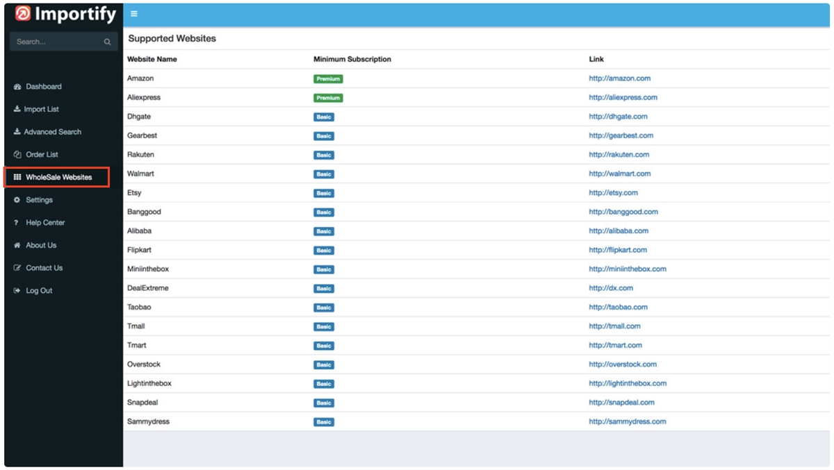 Impostazione del sito Web del grossista di Importify