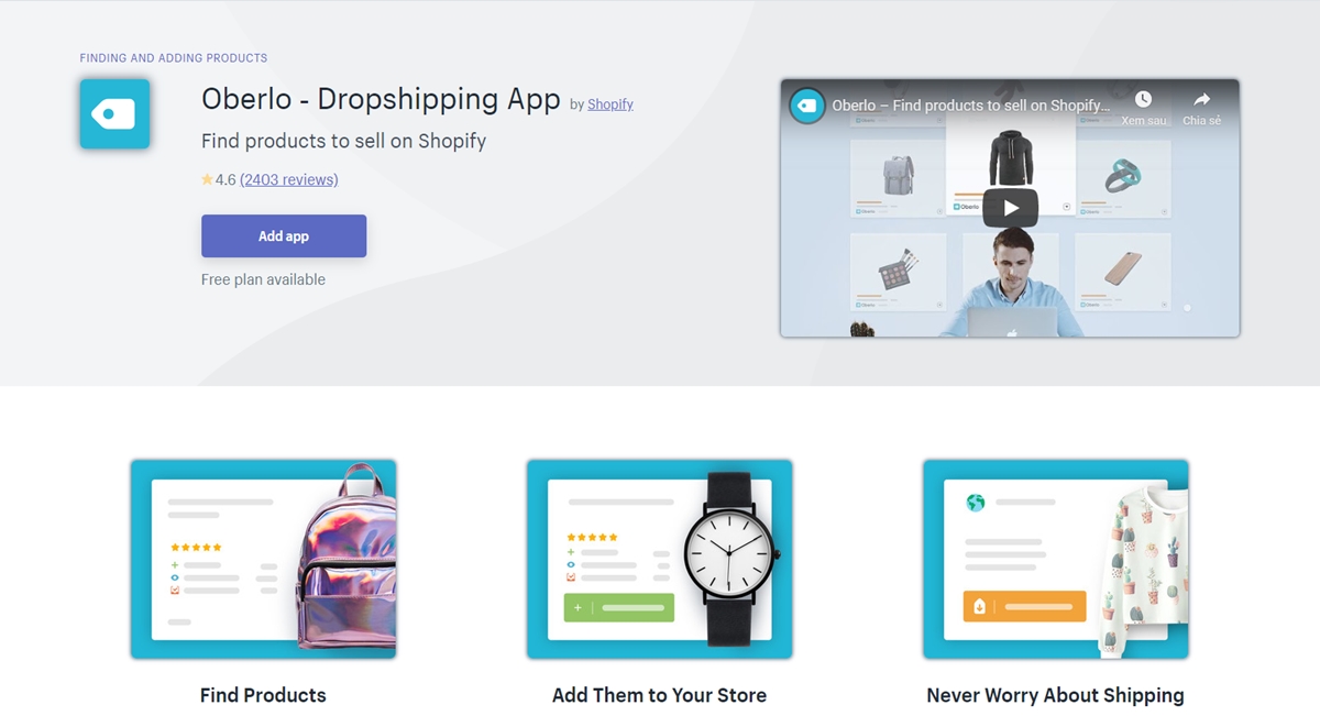 mostrar oberlo en la tienda de aplicaciones de Shopify