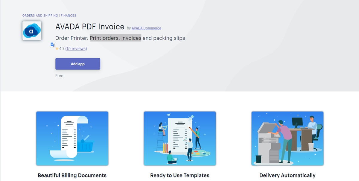 muestra la factura en PDF de AVADA de las mejores aplicaciones de Shopify que toda tienda necesita