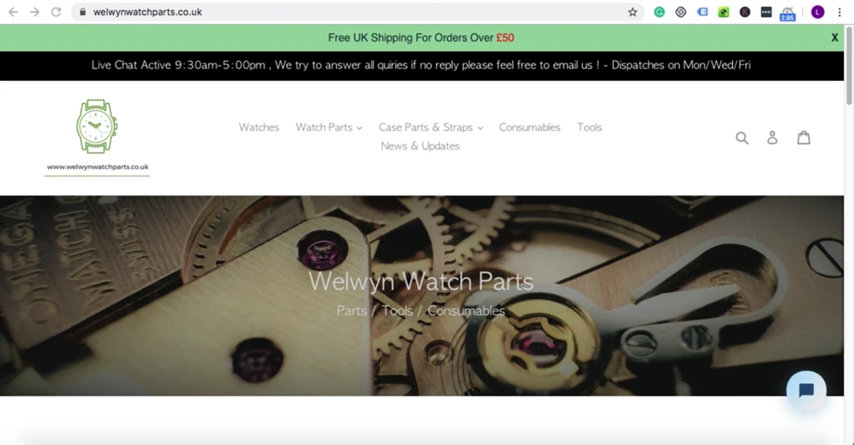 tampilkan Welwyn Watch Parts pada tema debut Shopify