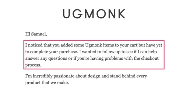 Exemple de courrier de récupération de panier Ugmonk