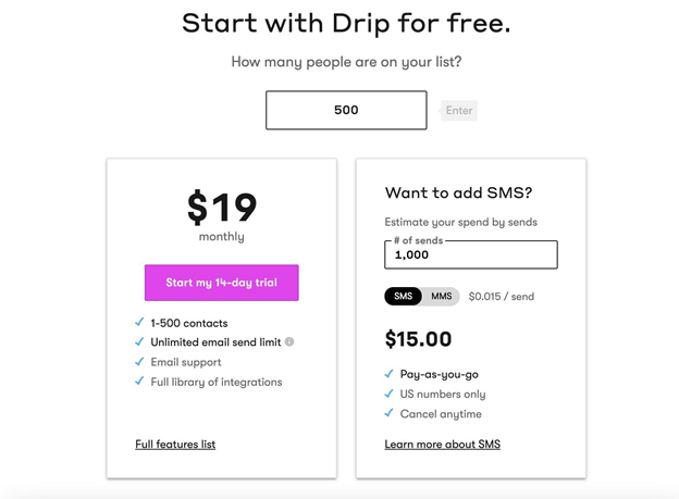 Платные планы Drip начинаются с 19 долларов в месяц.