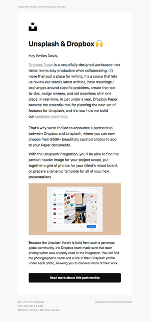 Un e-mail d'annonce d'Unsplash et de Dropbox