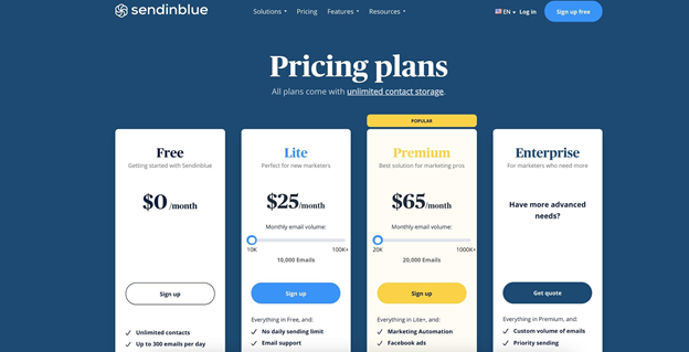SendInBlue'nun fiyat planları