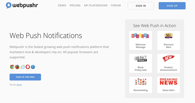 ตัวอย่างหน้าแรกของ Webpush