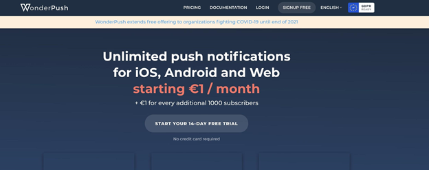 Anteprima della home page di WonderPush