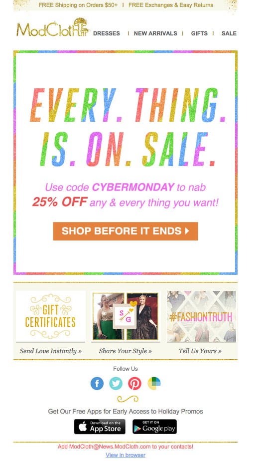 ModCloth's Colorful Black Friday Email