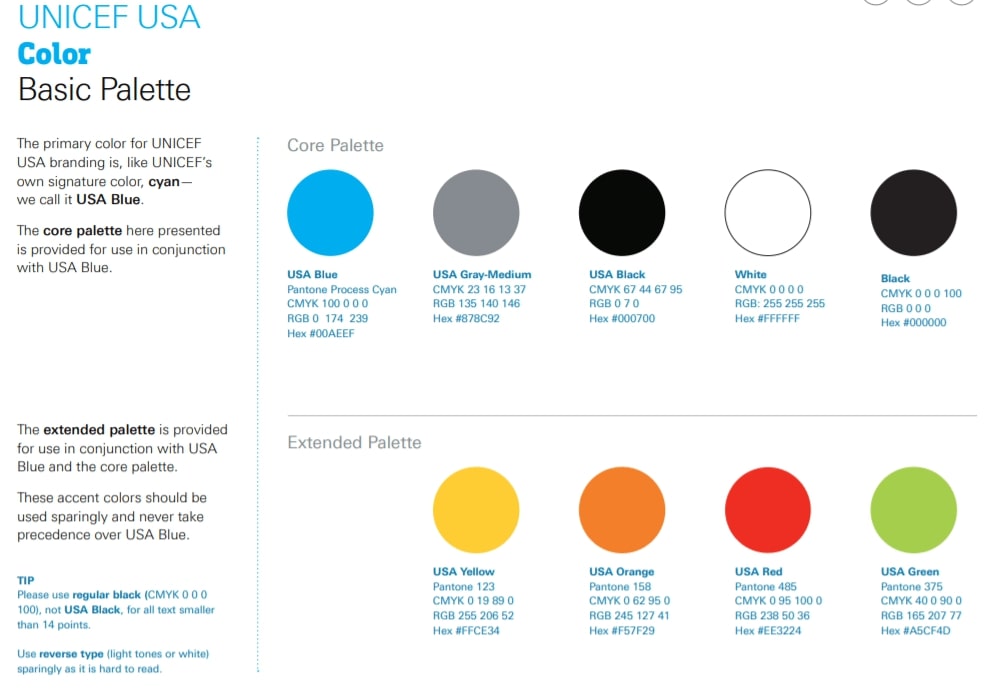 Beispiel für den Branding Style Guide von USA Unicef