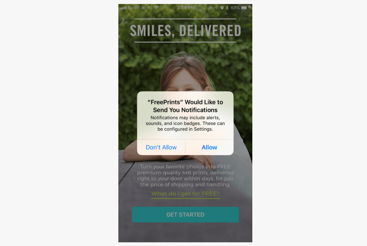 หลีกเลี่ยงการขอให้ผู้ใช้เปิดใช้งานการแจ้งเตือนของคุณในการเปิดตัวครั้งแรก เช่น FreePrints
