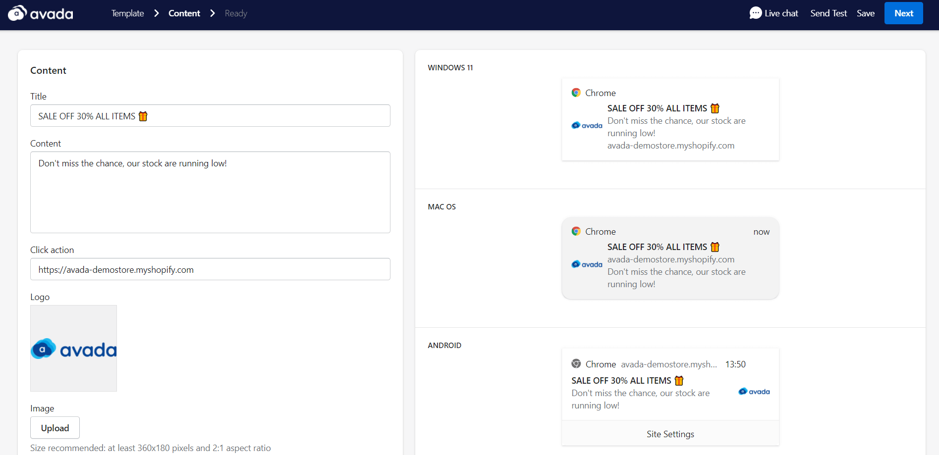 使用 AVADA Commerce 设计您的推送通知活动