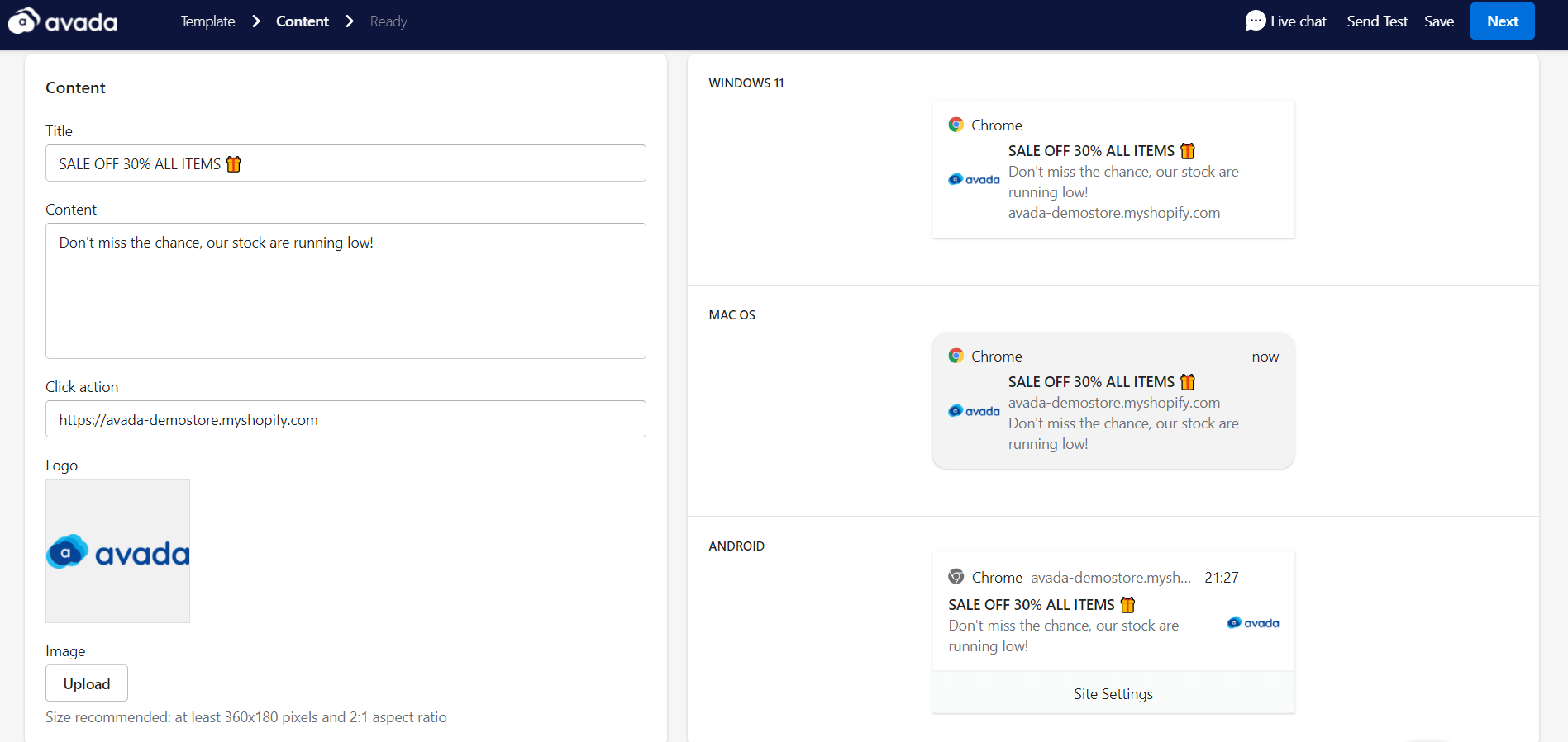 Notificación de inserción de AVADA Commerce