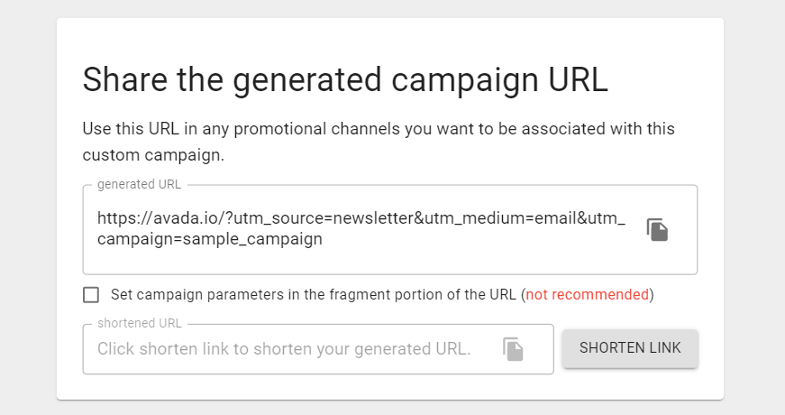 Adres URL z tagami wygenerowanymi przez UTM w narzędziu Google Analytics URL Builder