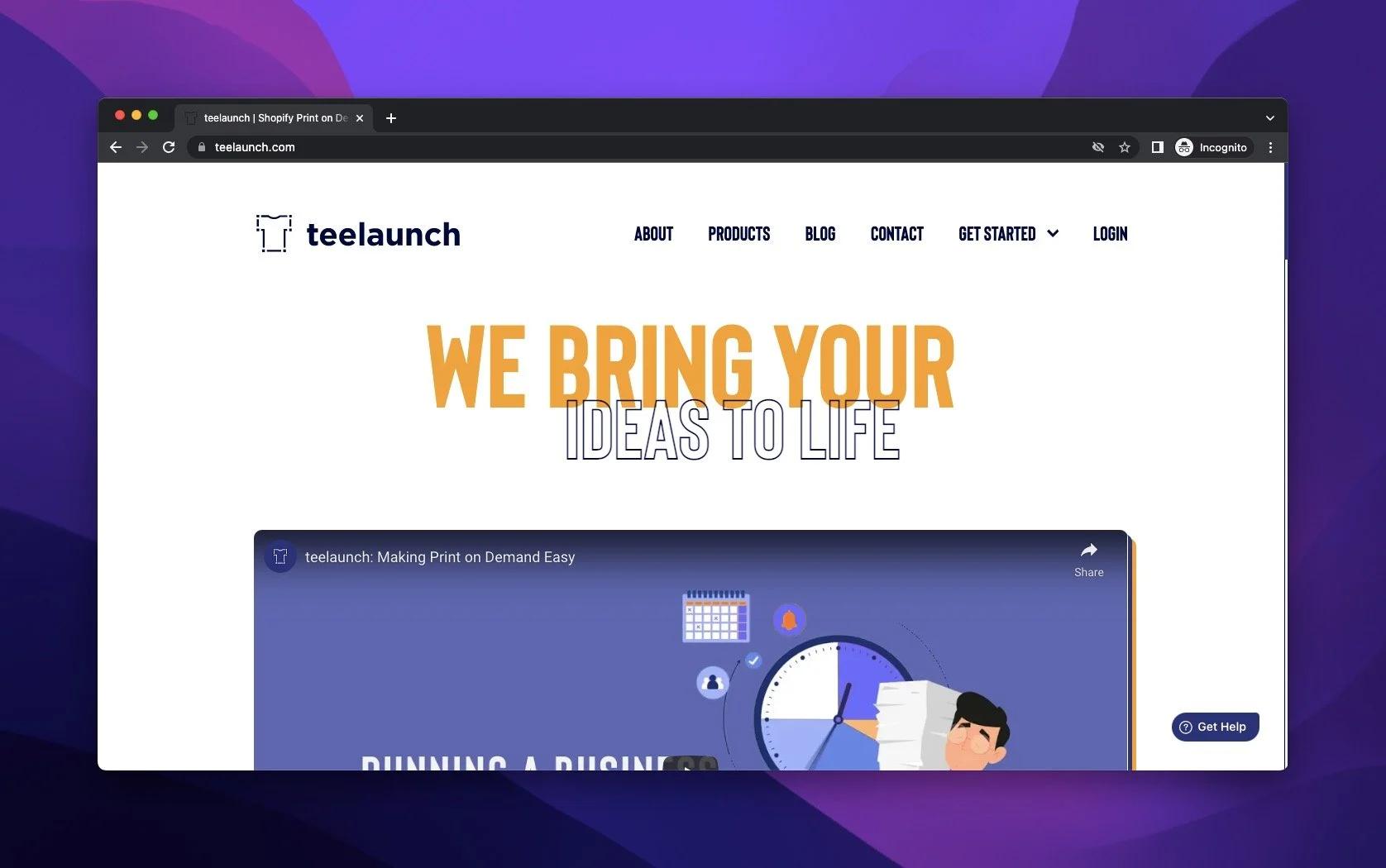 带有鼓舞人心的座右铭和视频通知的 teelaunch 网页