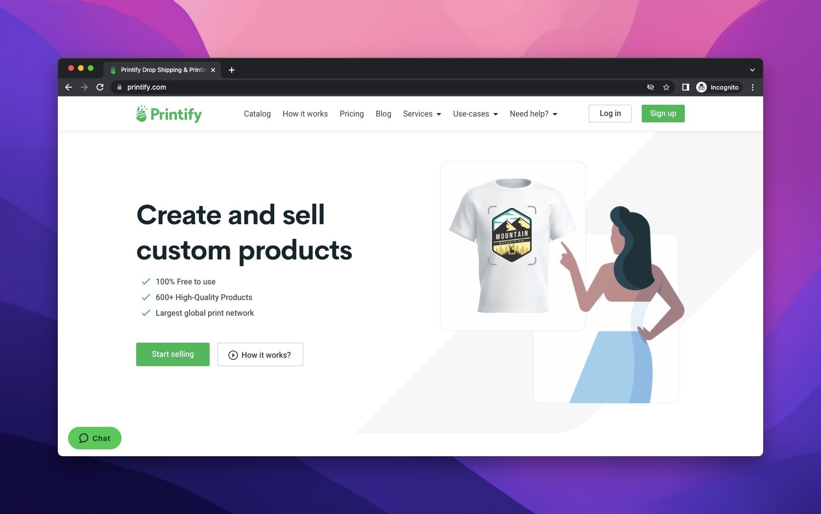 printify صفحة الويب على خلفية بيضاء مع شخصية تفاعلية تختار أفضل POD تريده وزر CTA أخضر