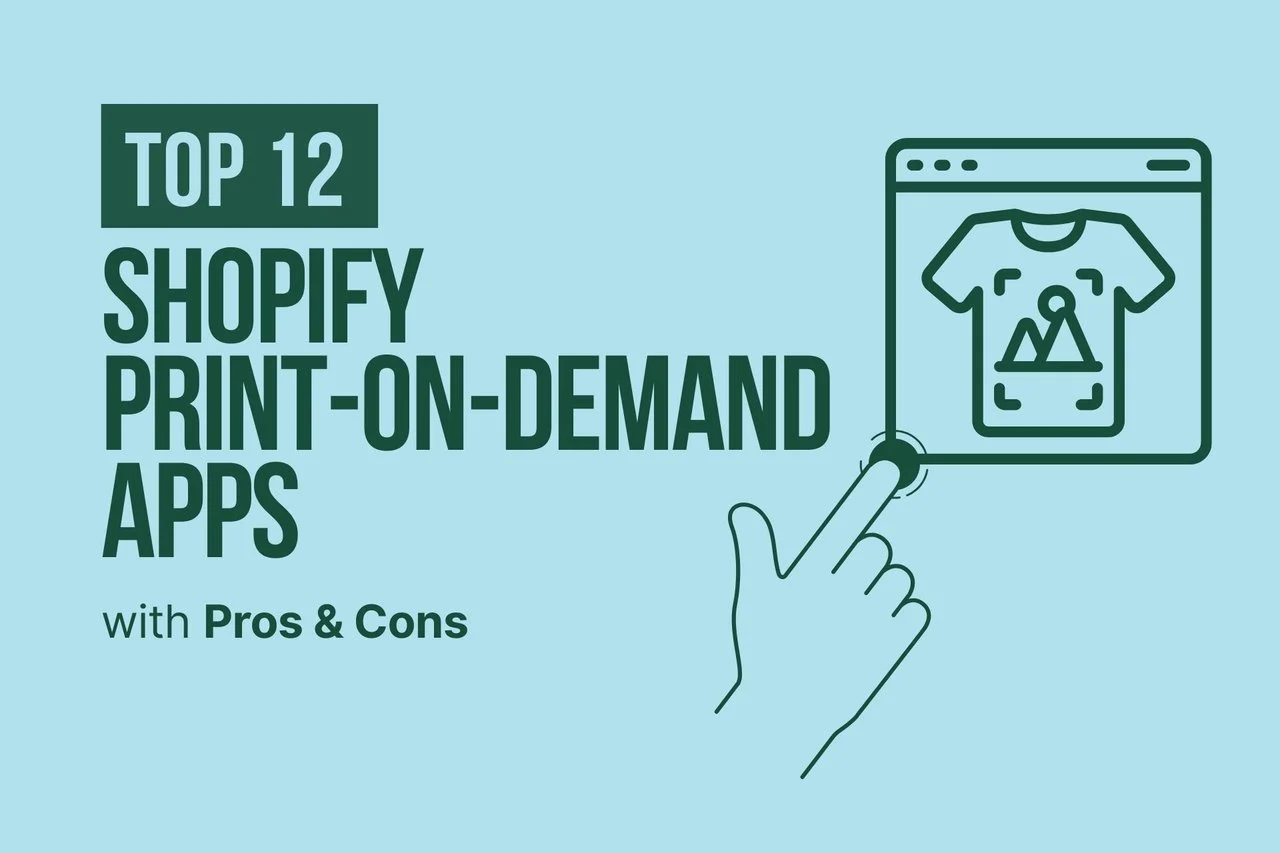 shopify aplikasi print-on-demand dengan latar belakang biru dengan skrip hijau dan ikon pemilihan aplikasi print-on-demand