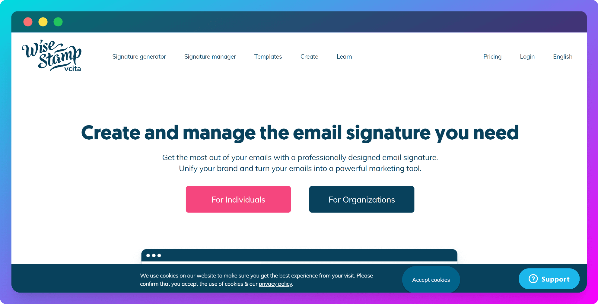 a screenshot of Wisestamp's website as one of the best email signature software