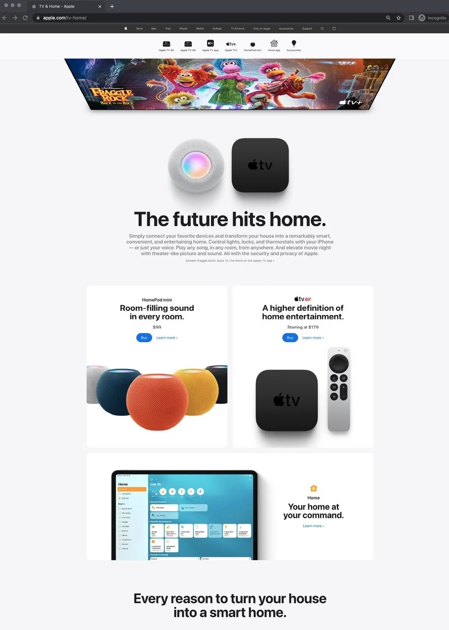 apple tv&home presell page featuring a huge Apple TV and descriptions of Apple products