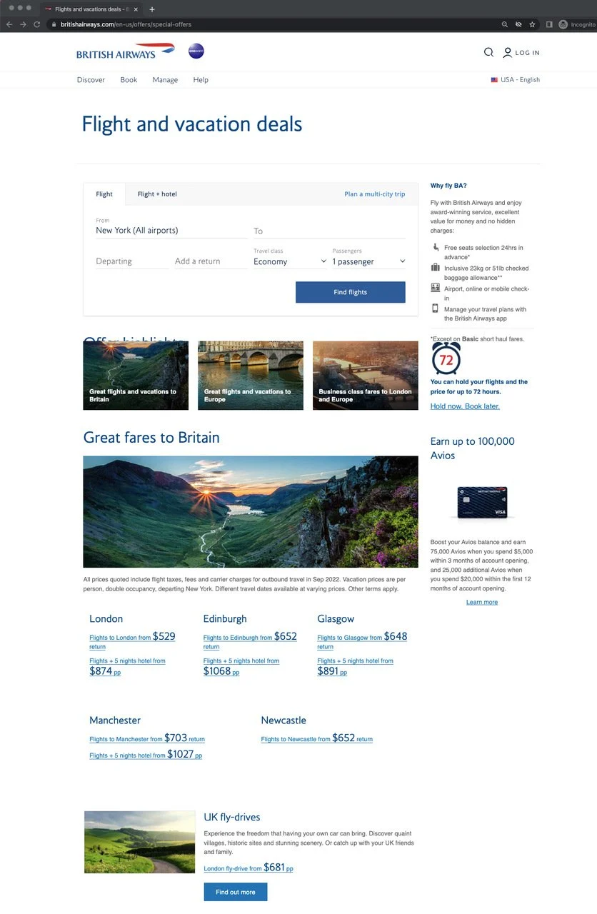 british airways presell showing a flight arrangement and some recommended places with prices