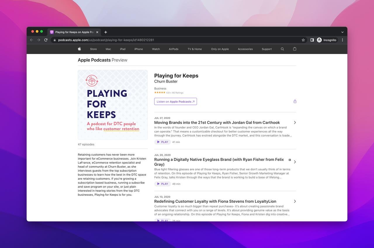 a screenshot of playing for keeps ecommerce podcast on Apple podcast showing the logo and description and the lated episodes of the show