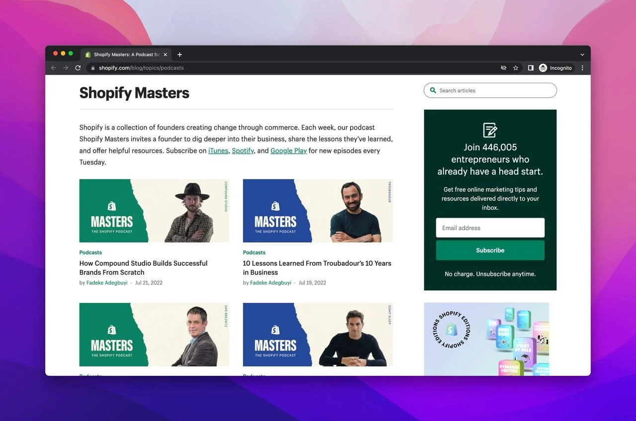 a screenshot of Shopify masters website, one of the best ecommerce podcast showing the recent episodes of the show