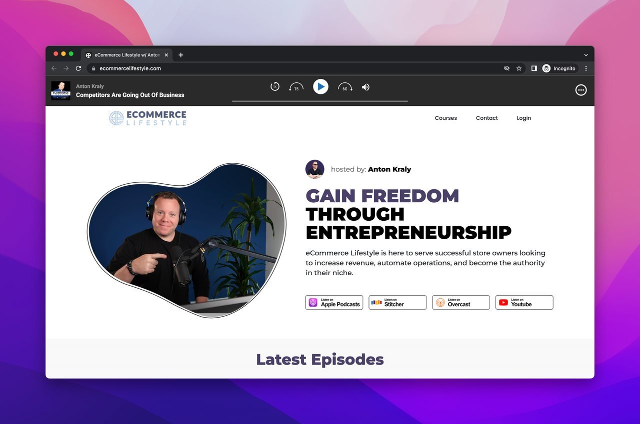 a screenshot of ecommerce lifestyle podcast website showing an image of the host on the left side and the links to listen to the podcats from different platforms with their logos