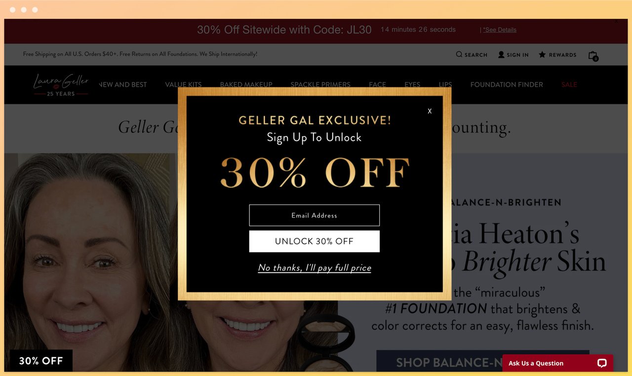 Laura geller's homepage showing a black popup with a golden frame offering 30% off if you enter your email address