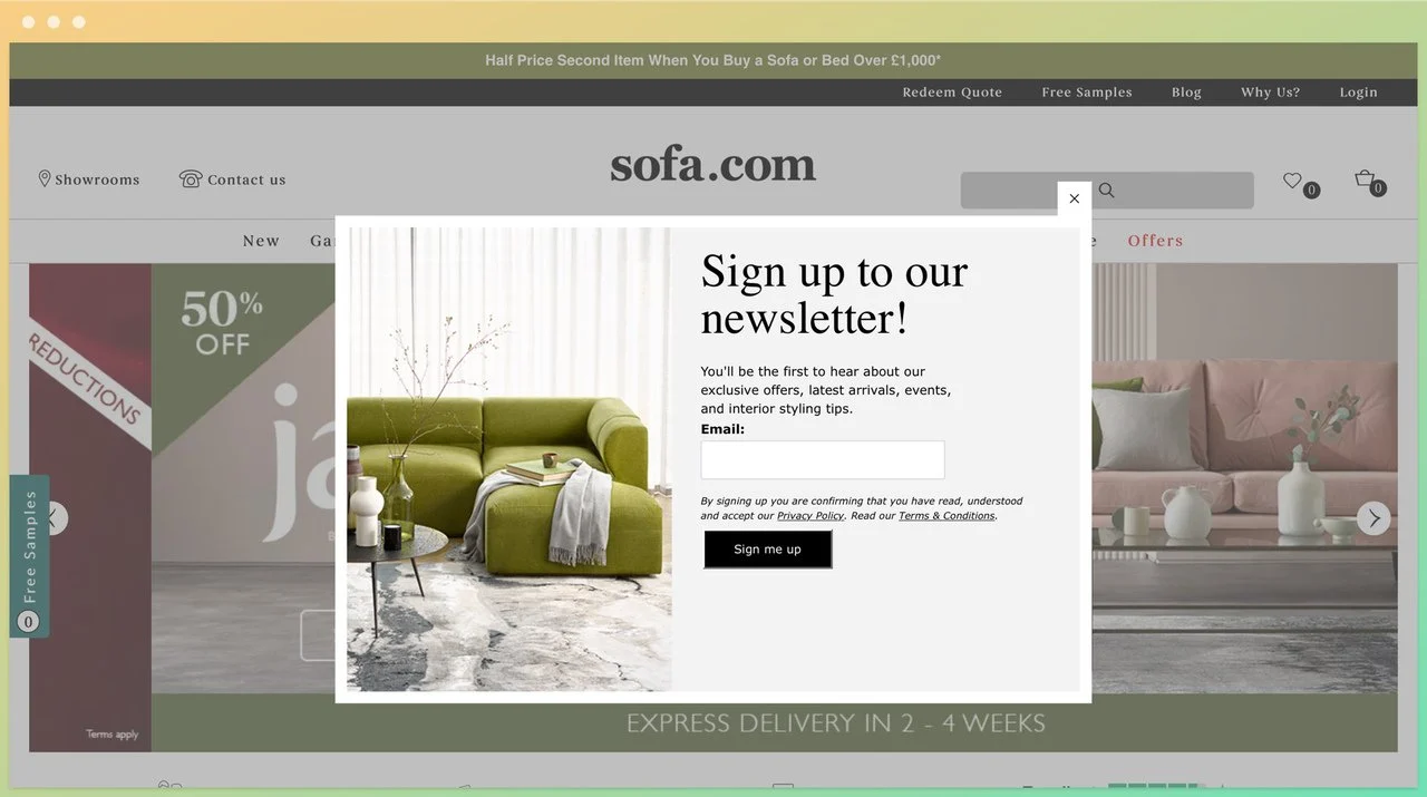 sofa.com homepage showing a newsletter sign up popup with an email box and a green sofa picture next to it