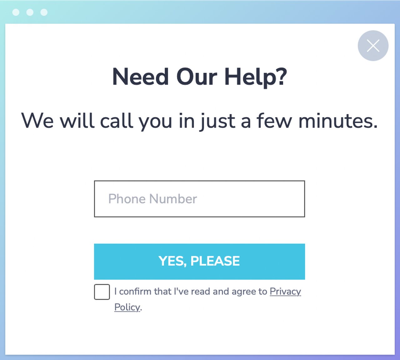 phone call popup asking the viewer if they help and a phone number box with a yes, please button