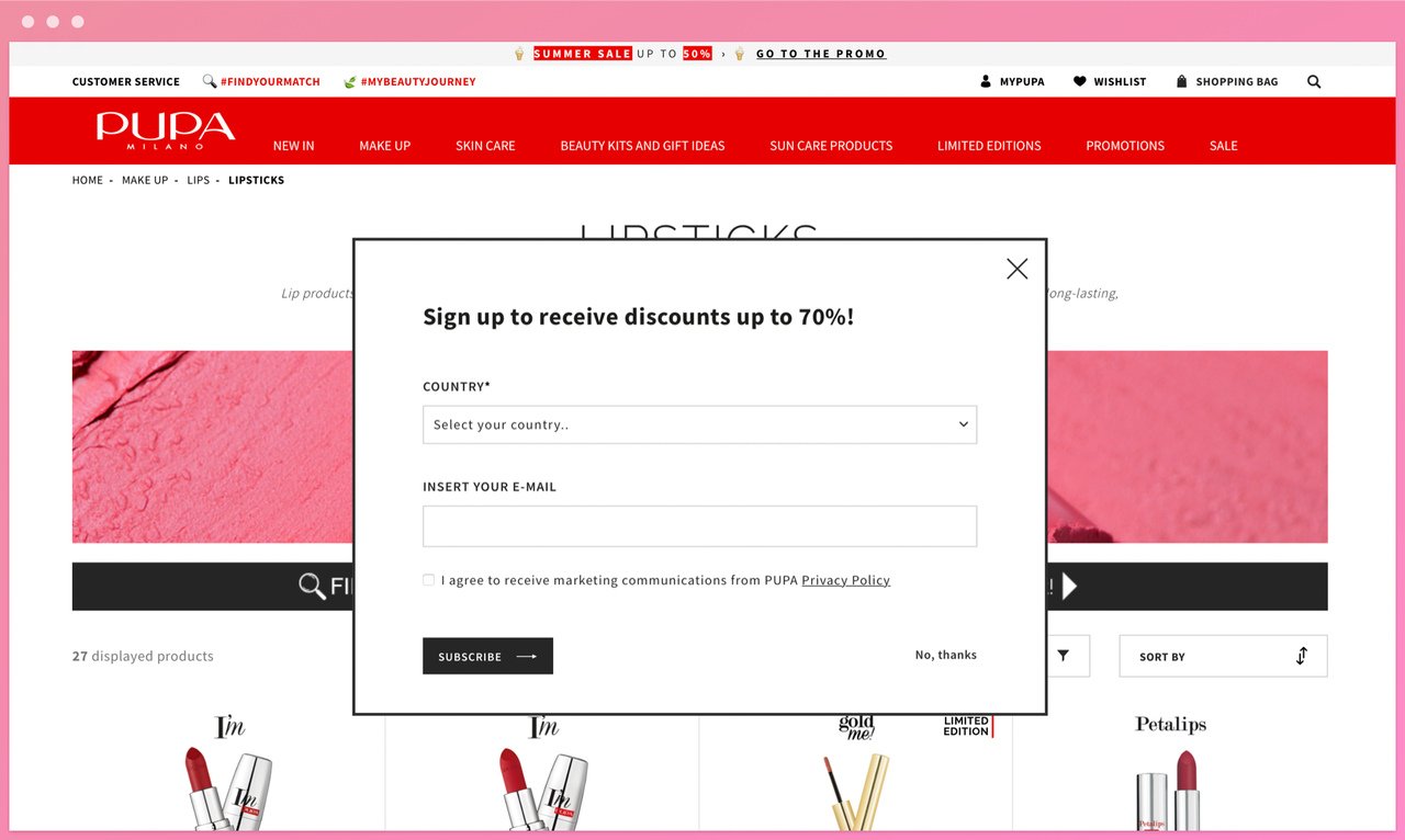 pupa milano homepage showing a popup asking for country and email address with different lipstick pictures below