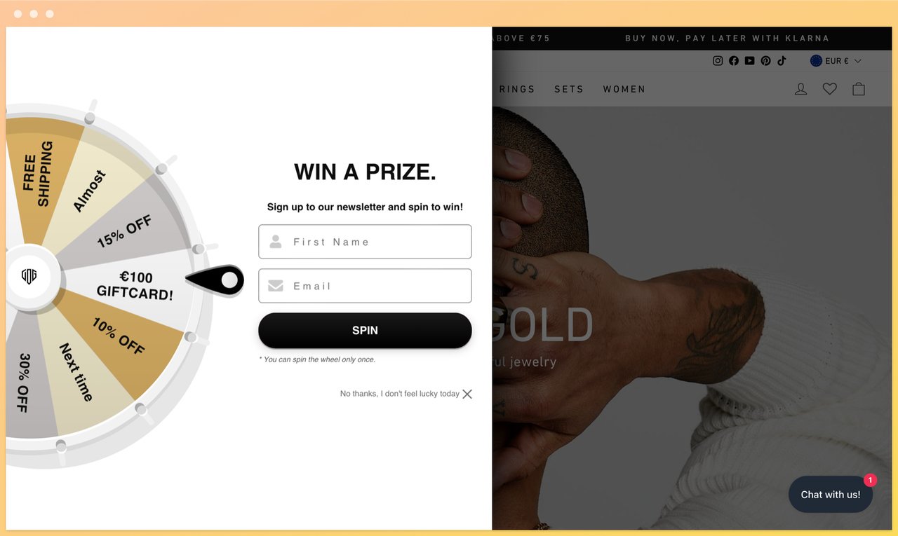 city of gold homepage showing a popup with the shades of silver and gold pinwheel offering prizes with first name and email address boxes next to it