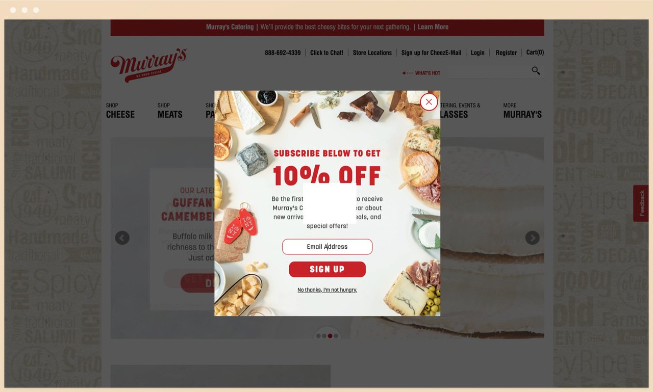 murrays homepage discount popup with the pictures of cheese types framing the popup and sn emaill address box