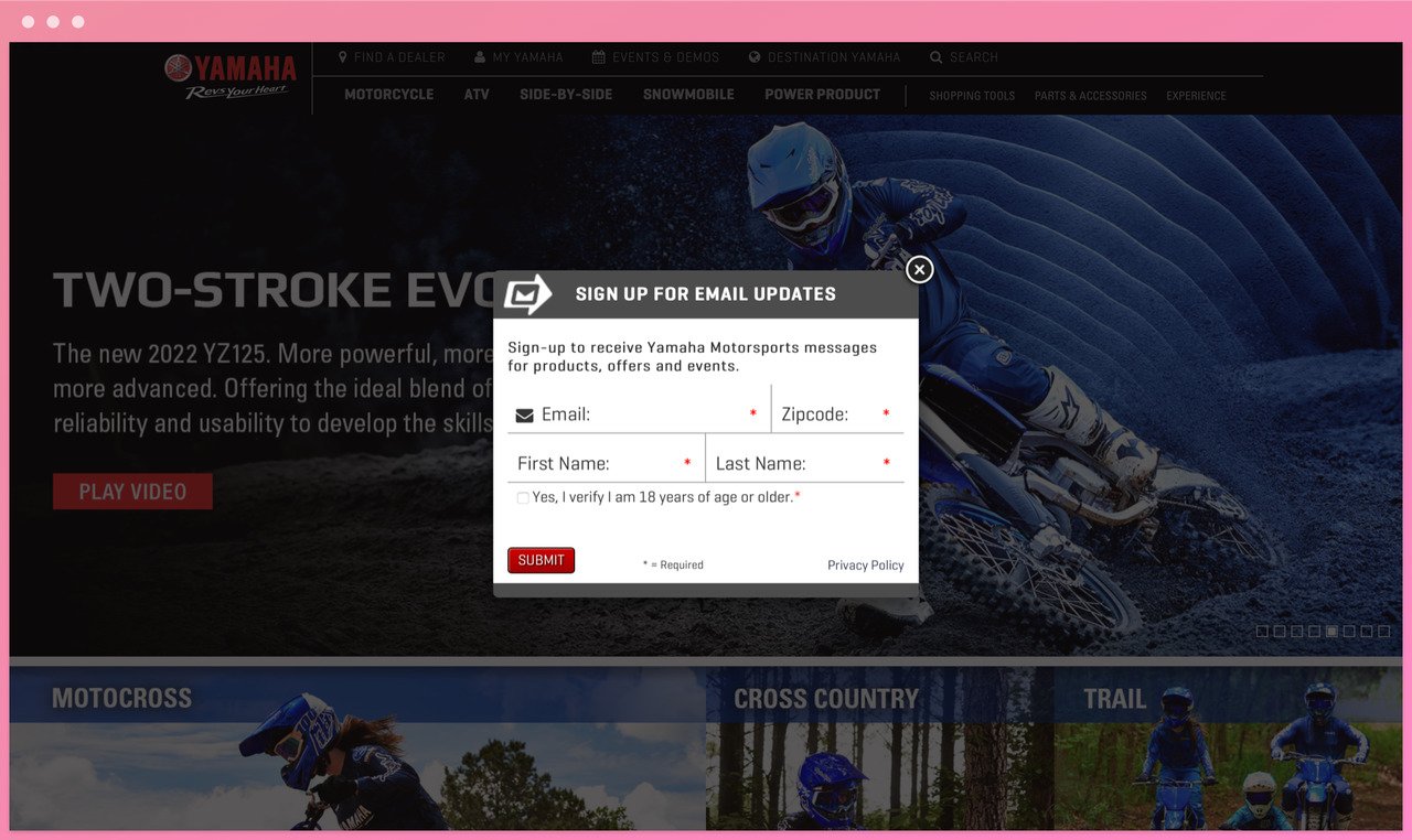 yamaha homepage with a sign up popup asking for personal information with first name, last name, zip code, and email boxes