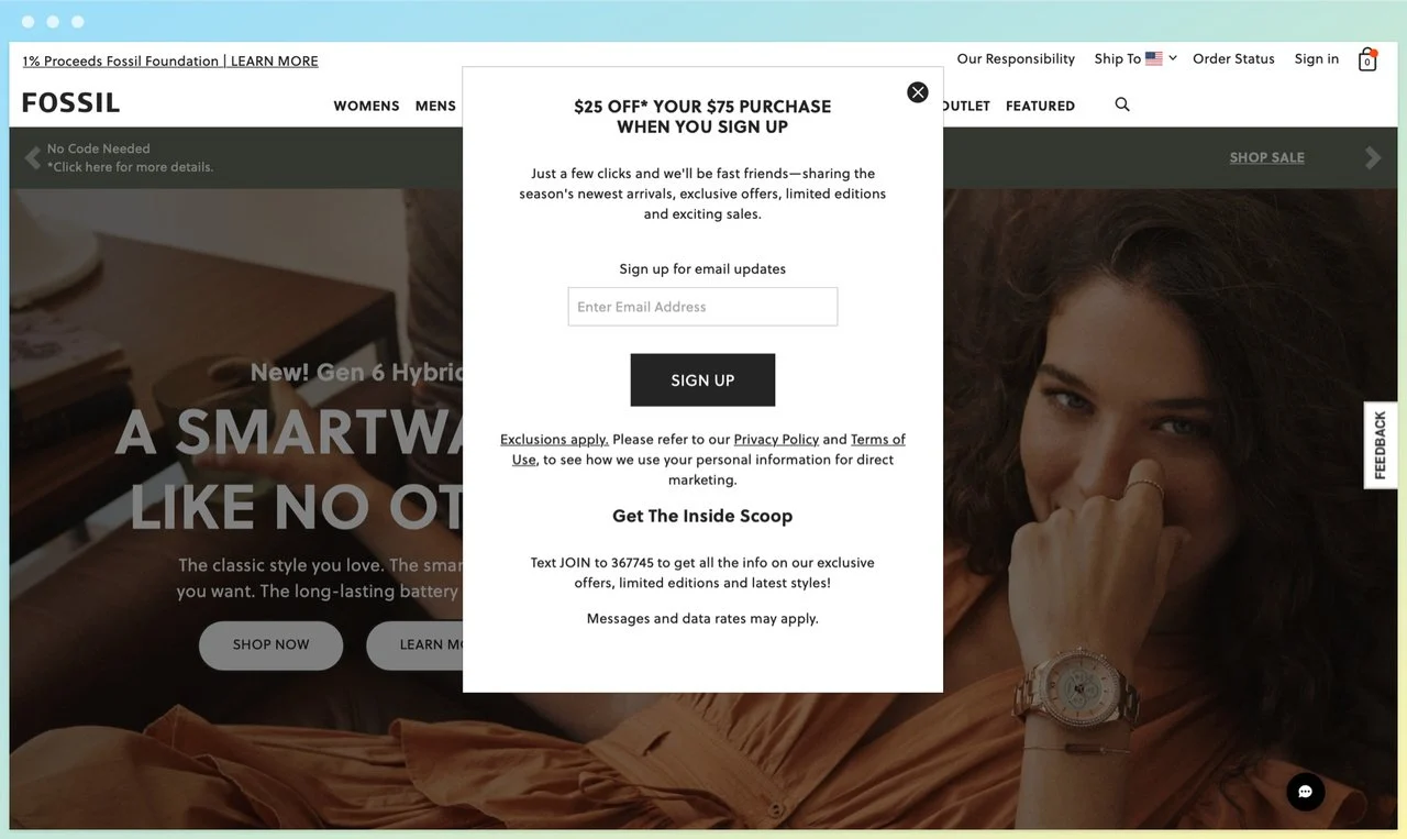 fossil popup example on the homepage offering $25 off in return for email address, on the background there is a woman photo showing her watch