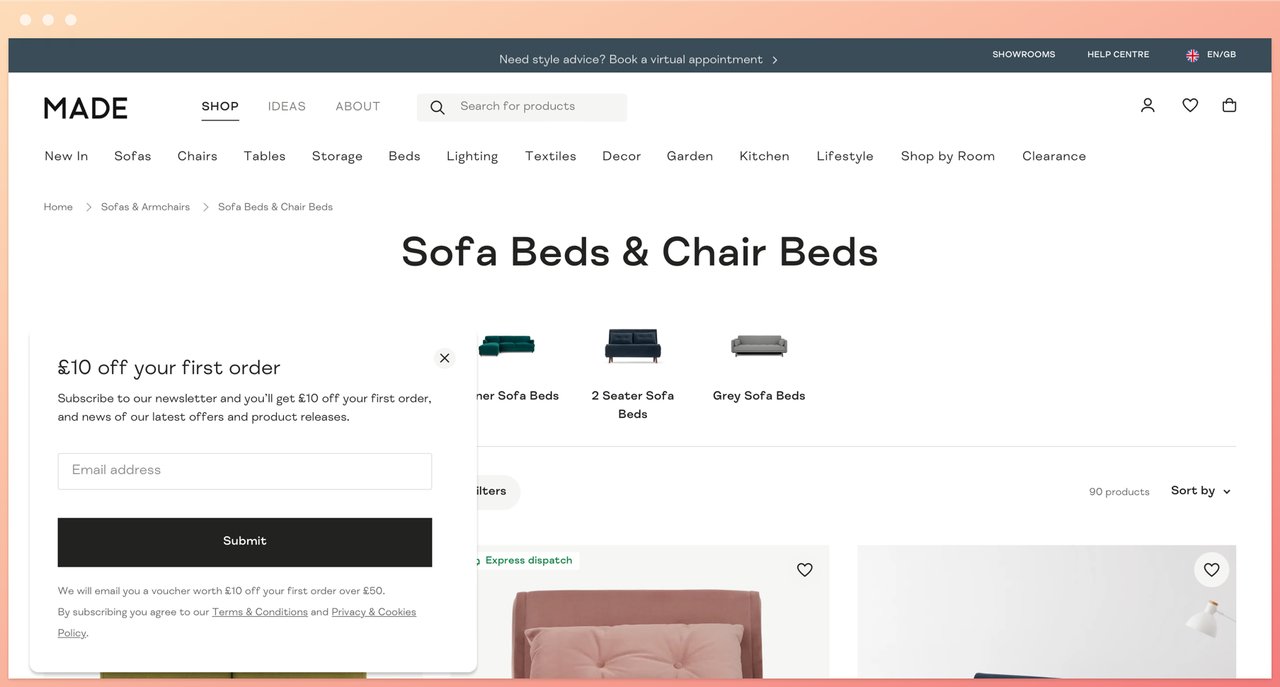 made homepage with the categories sofa beds&chair beds with a submission popup asking for email address in return for discount