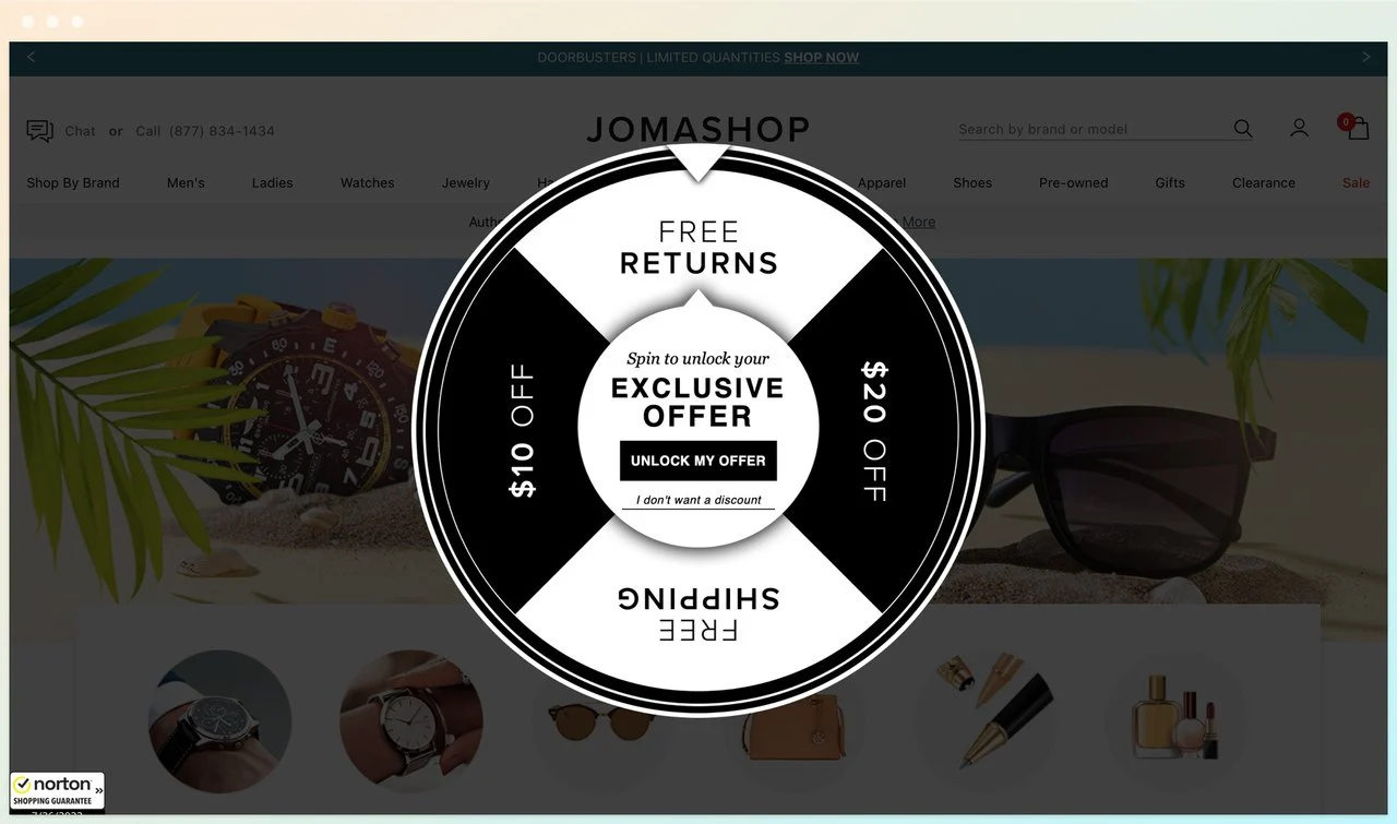 a gamified Jomashop popup example with a black and white pinwheel offering exclusive offers with an unlock my offer button
