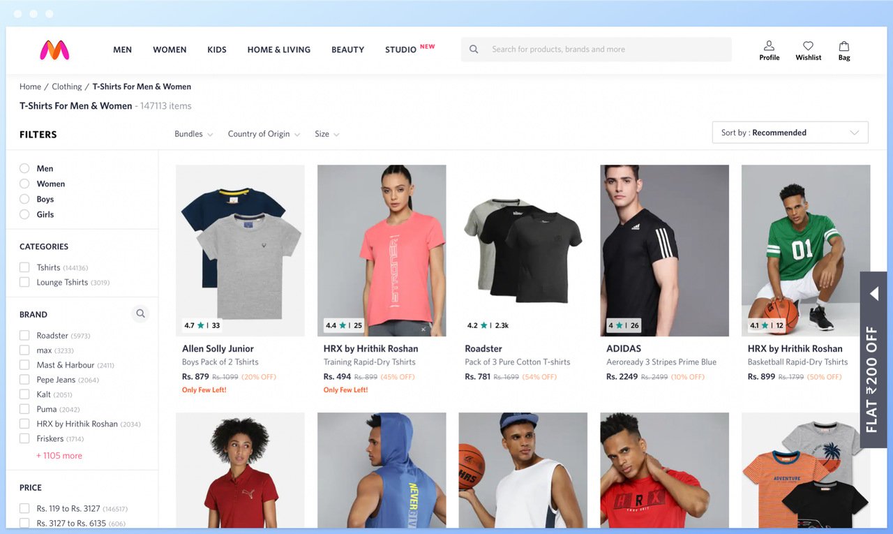 Myntra's homepage showing male and female models wearing clothes, product categories on the left and a popup teaser on the right