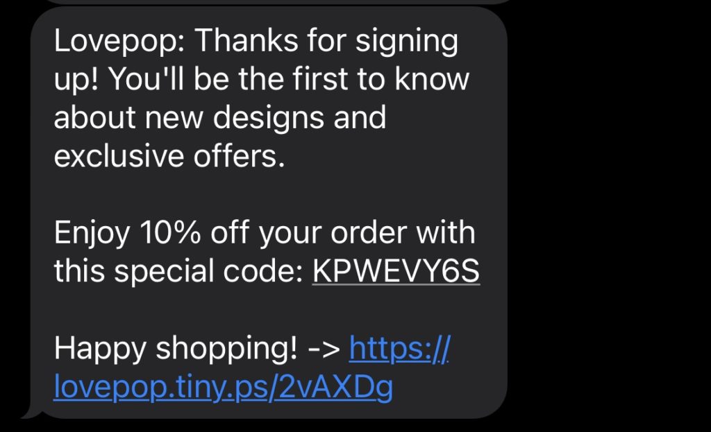 Приветственное SMS Lovepop с кодом купона