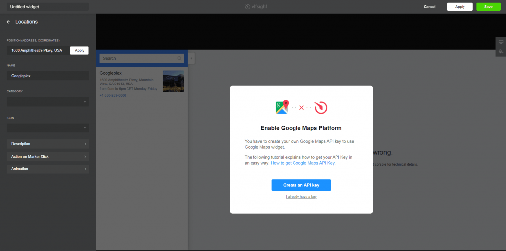 Éditeur de widget Elfsight Google Maps